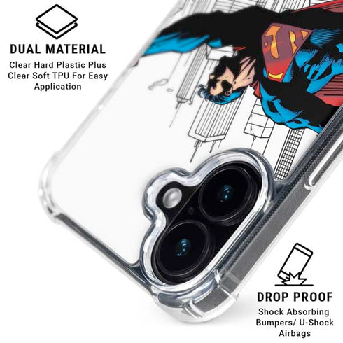 DC Comics Superman Flying Over City Pose iPhone 16 Plus Clear Case